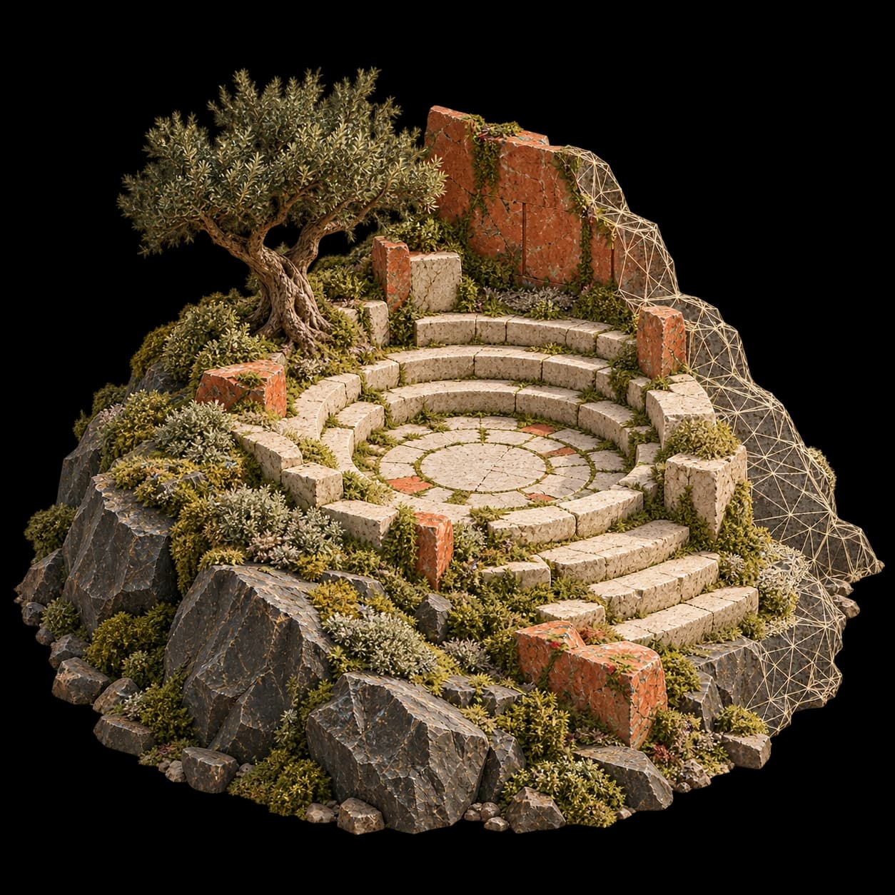 A terraced stone courtyard with an olive tree, half textured and half wireframe