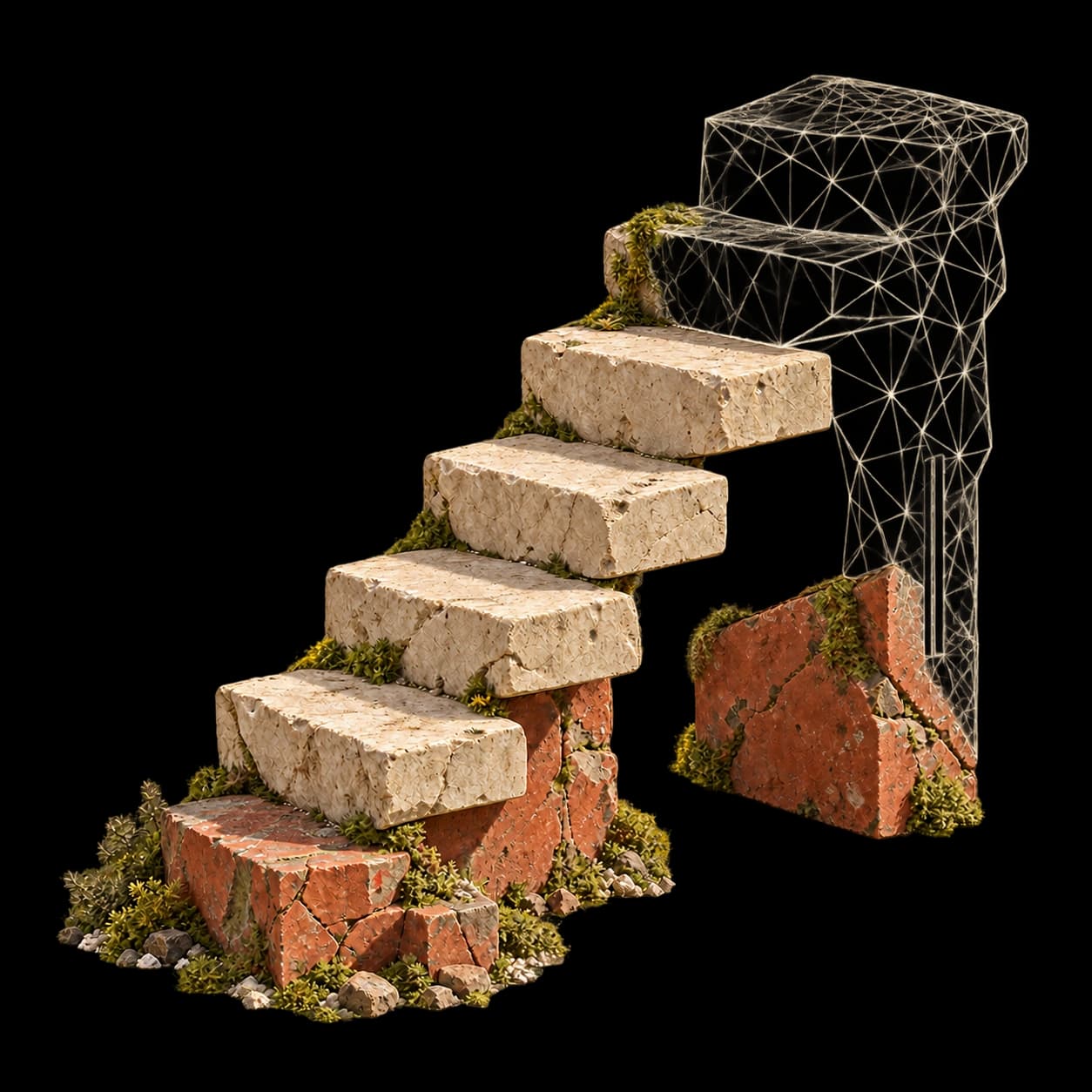 Stone steps climbing into an unfinished wireframe block