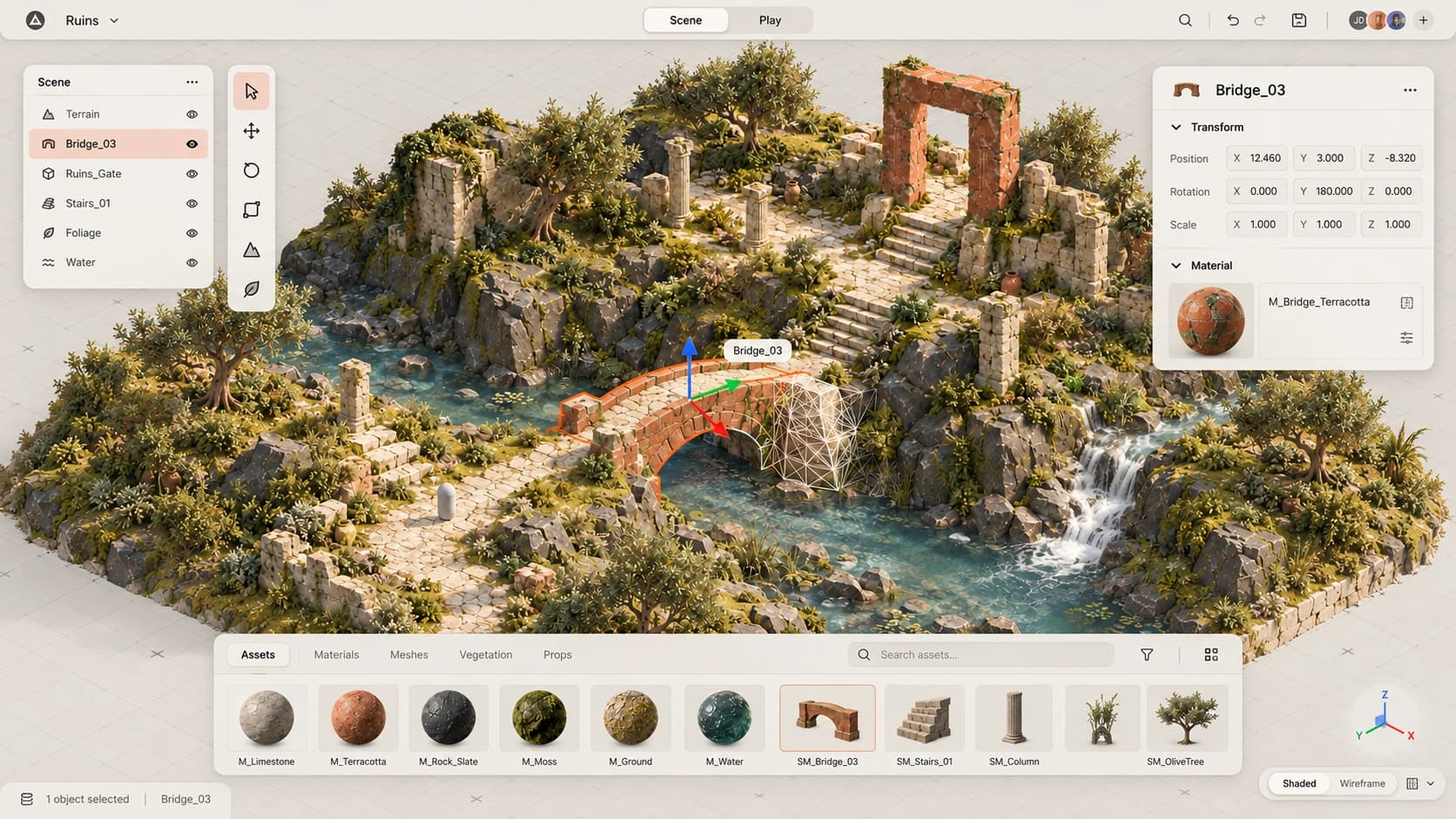 Concept of the IDX canvas: a ruins scene with a selected bridge, scene tree, transform panel and asset shelf