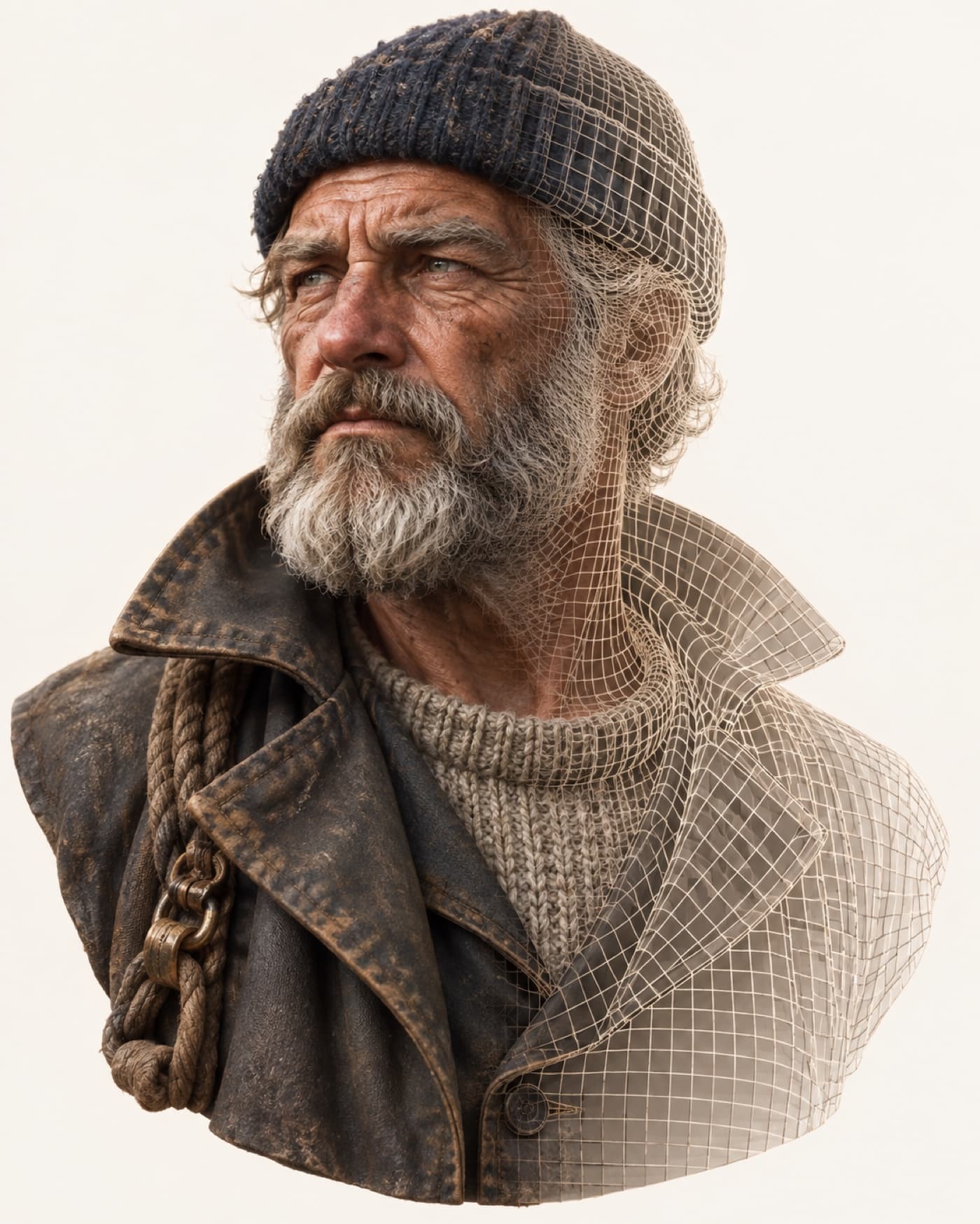 A lighthouse keeper character bust, sculpted on one side and wireframe on the other
