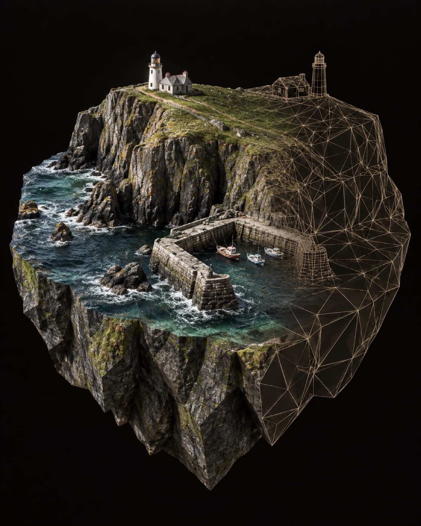 A chunk of coastline terrain with a harbour and lighthouse, textured on one side and wireframe on the other