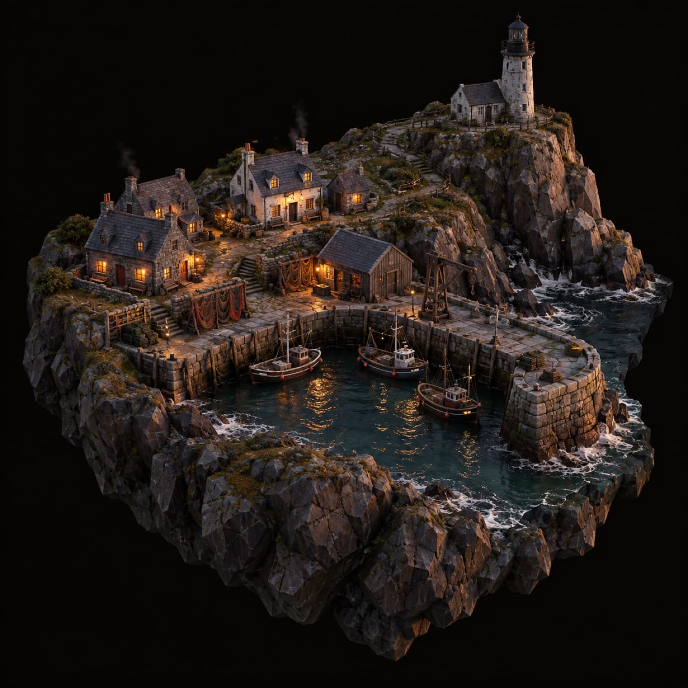 Isometric diorama of Saltmere, a fishing village with a dark lighthouse on the cliff